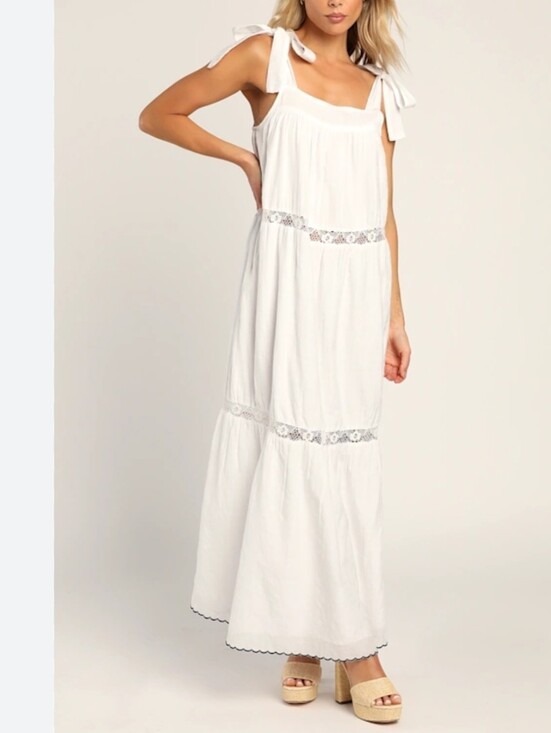 Lulus Dresses & Skirts - Lulu's White Tie-Shoulder Lace-Trim Maxi Dress Size S New